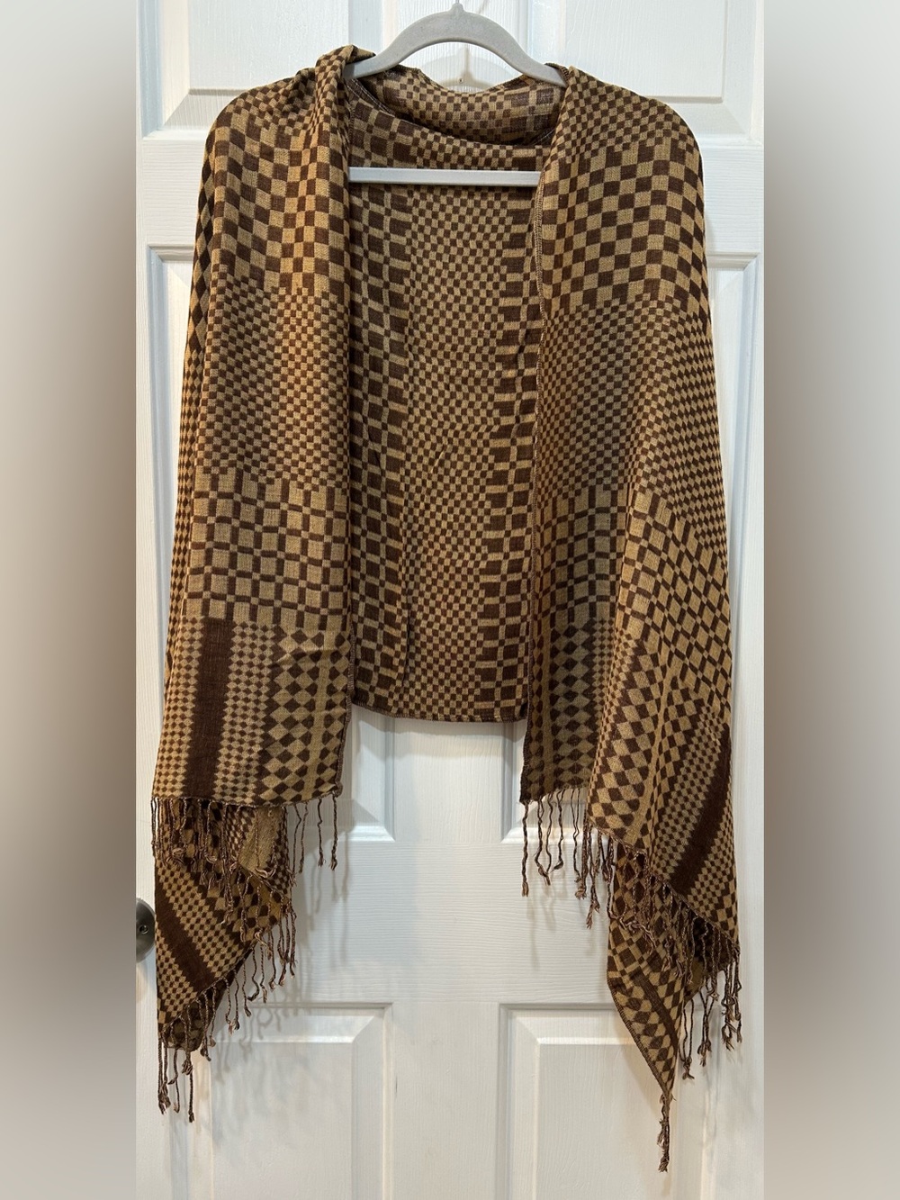 Pashmina Brown Check Scarf / Wrap / Shawl 70% Pashmina‎ 30% Silk Luxury Fringe